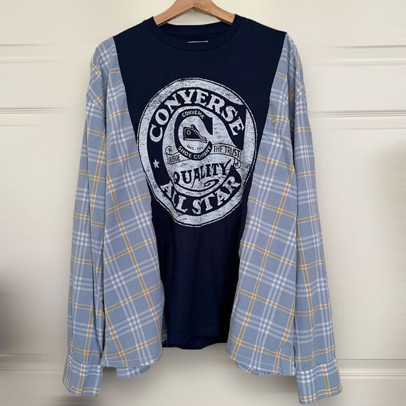 Reworked Upcycled Blue Oversized Baggy Converse Two Tone Long Sleeve Plaid Shirt - Picture 2 of 5